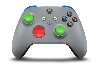 Controller with Ash Grey body, Pulse Red D-pad, and Velocity Green thumbsticks - front view