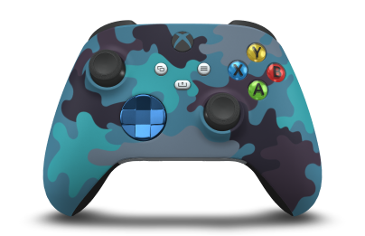 Controller with Mineral Camo body, Photon Blue (Metallic) D-pad, and Carbon Black thumbsticks - front view