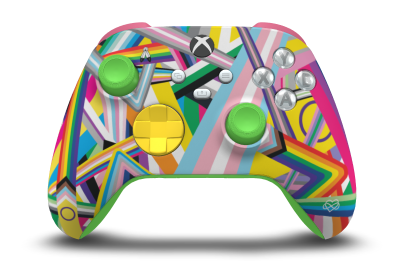 Controller with Rainbow body, Lighting Yellow D-pad, and Velocity Green thumbsticks - front view