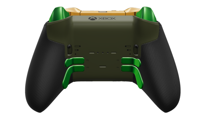 Xbox Elite Wireless Controller Series 2 – Core - Behuizing voorzijde: Velocity-groen + rubberen handvatten, D-pad: Gefacetteerd, zachtoranje (metaal), Behuizing achterzijde: Nachtelijk groen + rubberen handvatten