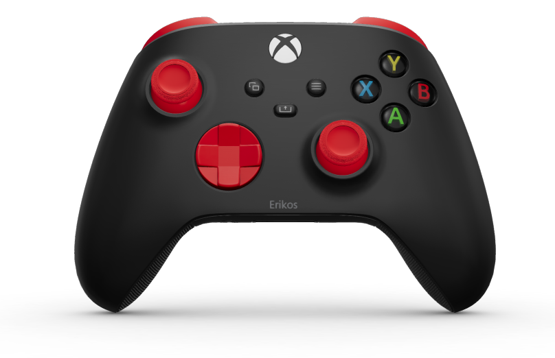 Kontroler bezprzewodowy Xbox - Corpo: Preto Carbono, Botões Direcionais: Vermelho Forte, Manípulos Analógicos: Vermelho Forte