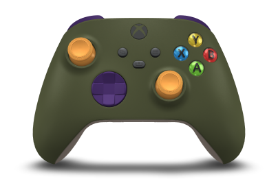 Controller with Nocturnal Green body, Astral Purple D-pad, and Soft Orange thumbsticks - front view