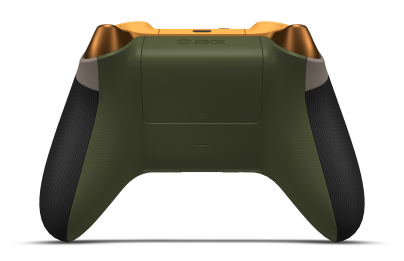 Controller with Desert Tan body, Soft Orange (Metallic) D-pad, and Nocturnal Green thumbsticks - back view