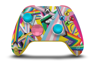 Controller with Pride body, Deep Pink D-pad, and Dragonfly Blue thumbsticks - front view