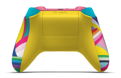 Controller with Pride body, Deep Pink D-pad, and Dragonfly Blue thumbsticks - back view