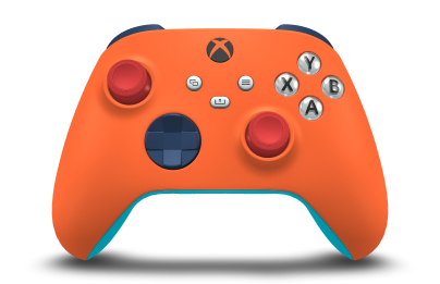 Controller with Zest Orange body, Midnight Blue D-pad, and Pulse Red thumbsticks - front view