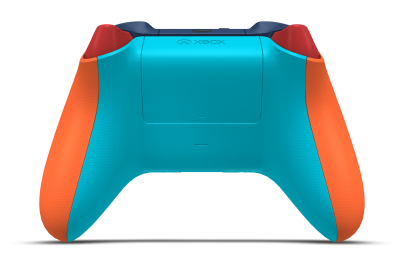 Controller with Zest Orange body, Midnight Blue D-pad, and Pulse Red thumbsticks - back view