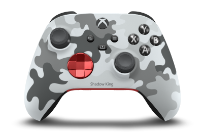 Controller with Arctic Camo body, Oxide Red (Metallic) D-pad, and Storm Grey thumbsticks - front view