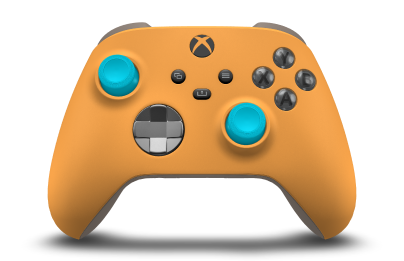 Controller with Soft Orange body, Storm Gray (Metallic) D-pad, and Dragonfly Blue thumbsticks - front view