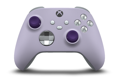 Controller with Soft Purple body, Ash Gray (Metallic) D-pad, and Astral Purple thumbsticks - front view