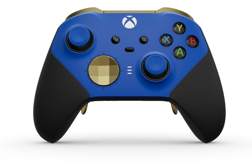 Xbox Elite Wireless Controller Series 2 - Core - Behuizing voorzijde: Shockblauw + rubberen handvatten, D-pad: Facet, Hero Gold (metaal), Behuizing achterzijde: Carbonzwart + rubberen handvatten