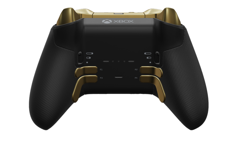 Xbox Elite Wireless Controller Series 2 - Core - Behuizing voorzijde: Shockblauw + rubberen handvatten, D-pad: Facet, Hero Gold (metaal), Behuizing achterzijde: Carbonzwart + rubberen handvatten