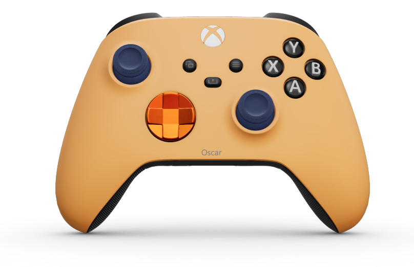Xbox Wireless Controller - Text: Weiches Orange, Steuerkreuze: Orangenschale (Metallic), Analogsticks: Mitternachtblau