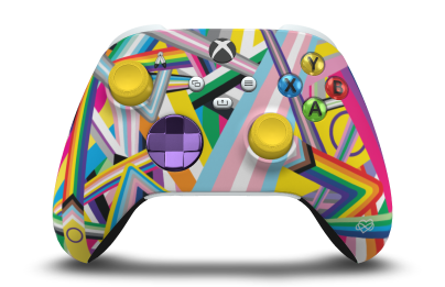 Controller with Pride body, Astral Purple (Metallic) D-pad, and Lighting Yellow thumbsticks - front view