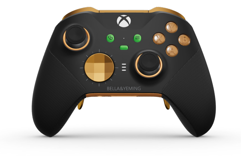Xbox Elite 無線控制器 Series 2 - Core - Runko: Carbon Black + kumipintaiset kahvat, Suuntapainike Hybridimallin D-alusta: Viistetty, pehmeä oranssi (metalli), Takaisin: Soft Orange + kumipintaiset kahvat