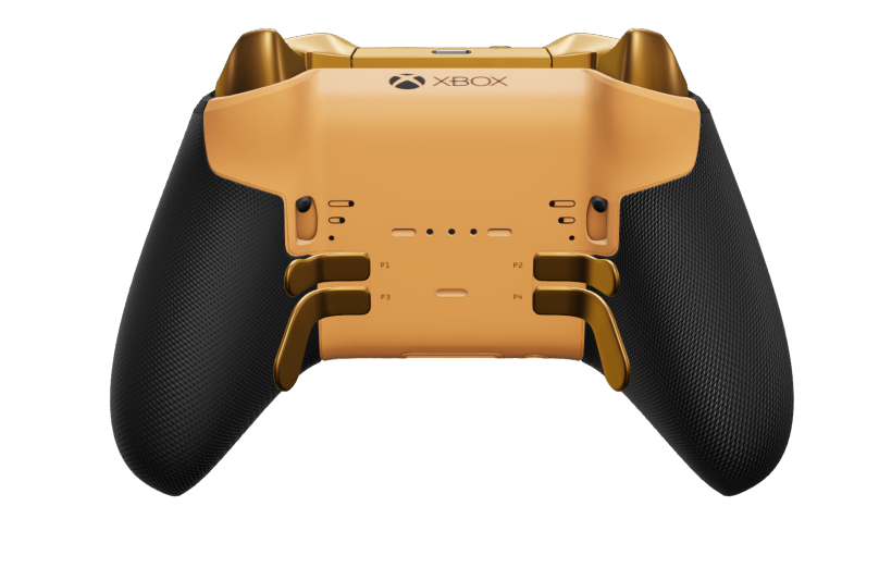 Xbox Elite 無線控制器 Series 2 - Core - Runko: Carbon Black + kumipintaiset kahvat, Suuntapainike Hybridimallin D-alusta: Viistetty, pehmeä oranssi (metalli), Takaisin: Soft Orange + kumipintaiset kahvat