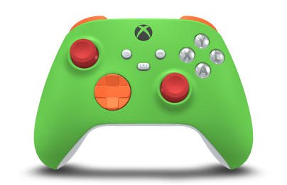Xbox Wireless Controller - Text: Geschwindigkeitsgrün, Steuerkreuze: Orangenschale, Analogsticks: Pulse Red