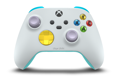 Controller with Robot White body, Lighting Yellow D-pad, and Soft Purple thumbsticks - front view