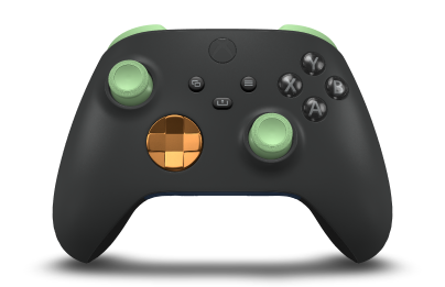 Controller with Carbon Black body, Soft Orange (Metallic) D-pad, and Soft Green thumbsticks - front view