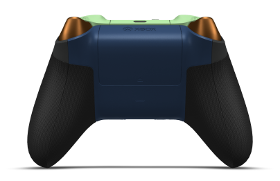 Controller with Carbon Black body, Soft Orange (Metallic) D-pad, and Soft Green thumbsticks - back view