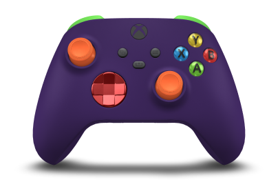 Controller with Astral Purple body, Oxide Red (Metallic) D-pad, and Zest Orange thumbsticks - front view