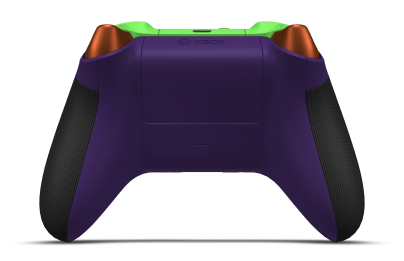 Controller with Astral Purple body, Oxide Red (Metallic) D-pad, and Zest Orange thumbsticks - back view