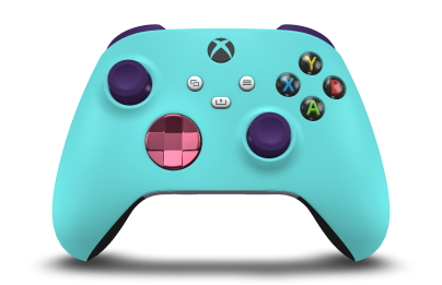 Controller with Glacier Blue body, Deep Pink (Metallic) D-pad, and Astral Purple thumbsticks - front view