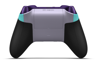 Controller with Glacier Blue body, Deep Pink (Metallic) D-pad, and Astral Purple thumbsticks - back view