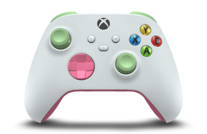 Controller with Robot White body, Deep Pink D-pad, and Soft Green thumbsticks - front view