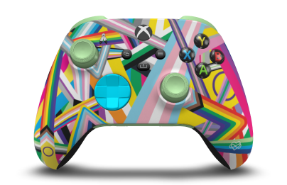 Controller with Pride body, Dragonfly Blue D-pad, and Soft Green thumbsticks - front view