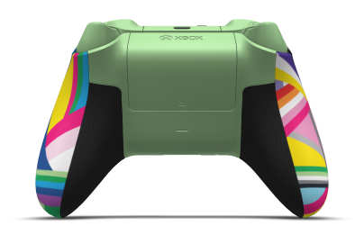 Controller with Pride body, Dragonfly Blue D-pad, and Soft Green thumbsticks - back view