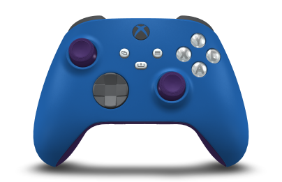 Controller with Shock Blue body, Storm Grey D-pad, and Astral Purple thumbsticks - front view