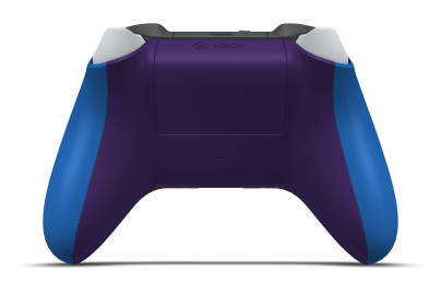 Controller with Shock Blue body, Storm Grey D-pad, and Astral Purple thumbsticks - back view