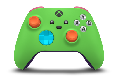 Controller with Velocity Green body, Dragonfly Blue D-pad, and Zest Orange thumbsticks - front view