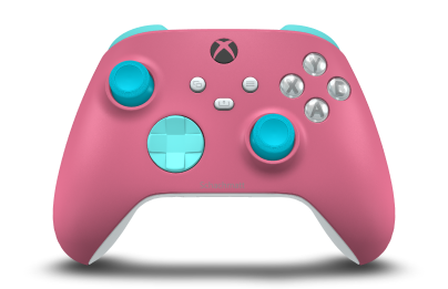 Controller with Deep Pink body, Glacier Blue D-pad, and Dragonfly Blue thumbsticks - front view