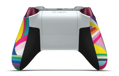 Controller with Pride body, Zest Orange (Metallic) D-pad, and Pulse Red thumbsticks - back view
