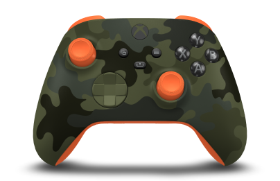 Xbox draadloze controller - Corpo: Camuflagem de floresta, Botões Direcionais: Verde Noturno, Manípulos Analógicos: Laranja Vibrante