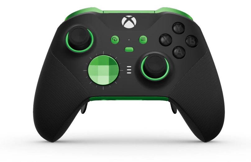 Xbox Elite Wireless Controller Series 2 – Core - Behuizing voorzijde: Carbonzwart + rubberen handvatten, D-pad: Gefacetteerd, velocity-groen (metaal), Behuizing achterzijde: Velocity-groen + rubberen handvatten