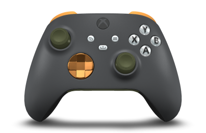 Controller with Storm Grey body, Soft Orange (Metallic) D-pad, and Nocturnal Green thumbsticks - front view