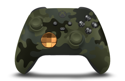 Controller with Forest Camo body, Soft Orange (Metallic) D-pad, and Nocturnal Green thumbsticks - front view
