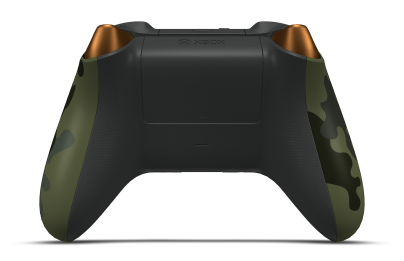 Controller with Forest Camo body, Soft Orange (Metallic) D-pad, and Nocturnal Green thumbsticks - back view