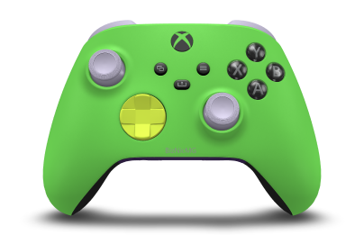 Controller with Velocity Green body, Electric Volt D-pad, and Soft Purple thumbsticks - front view