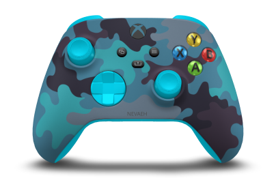 Controller with Mineral Camo body, Dragonfly Blue D-pad, and Dragonfly Blue thumbsticks - front view