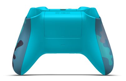 Controller with Mineral Camo body, Dragonfly Blue D-pad, and Dragonfly Blue thumbsticks - back view