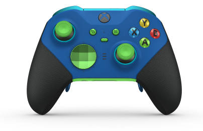 Xbox Elite ワイヤレスコントローラー シリーズ 2 - Core - Behuizing voorzijde: Shock Blue + Rubberized Grips, D-pad: Facet, Velocity Green (Metal), Behuizing achterzijde: Velocity Green + Rubberized Grips
