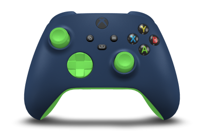 Controller with Midnight Blue body, Velocity Green D-pad, and Velocity Green thumbsticks - front view