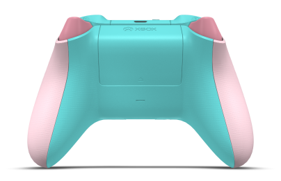 本体 ソフト ピンク、グレイシア ブルー D-pad、レトロ ピンク サムスティックを備えたコントローラー ：バック ビュー