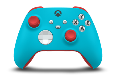 Controller with Dragonfly Blue body, Robot White D-pad, and Pulse Red thumbsticks - front view