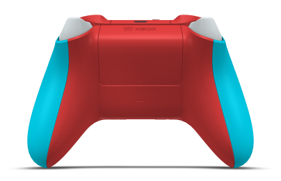 Controller with Dragonfly Blue body, Robot White D-pad, and Pulse Red thumbsticks - back view