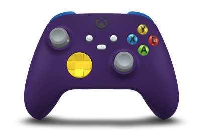 Controller with Astral Purple body, Lighting Yellow D-pad, and Ash Grey thumbsticks - front view